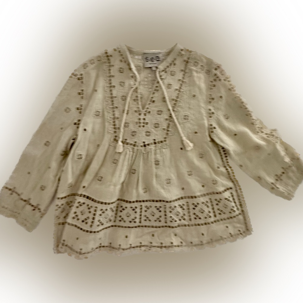 SEA NEW YORK TOP: BOHO CROCHET TAN BEIGE NATURAL TOP XS/S/M BLOUSE TUNIC A-LINE